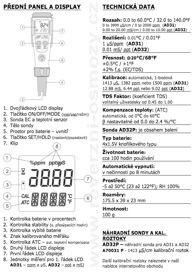Adwa AD31 EC/TDS konduktometr µS/cm